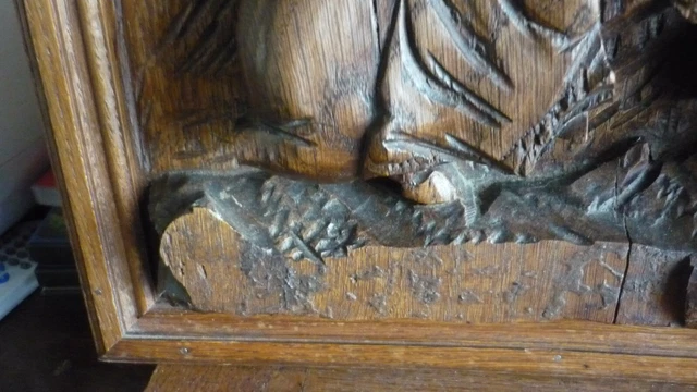 Antique French Hunting Style Carved Panel in Solid Oak Wood riders and falcon 8