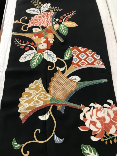 @@ Antique Japanese kimono silk fabric/ tomesode black/ folding fans FX61