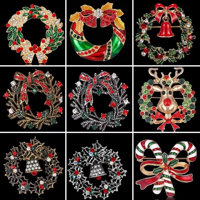 Retro Crystal Christmas Wreath Enamel Brooch Pin Women Xmas Costume Jewelry
