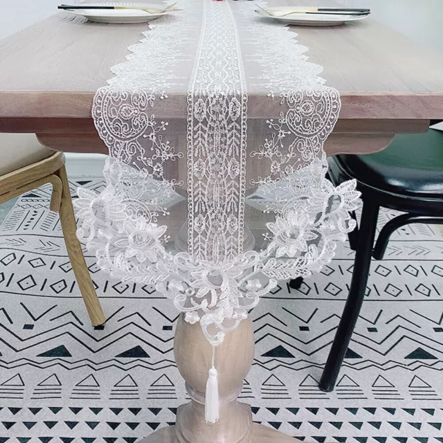 Vintage White Flower Embroidered Lace Table Runner Dining Wedding Banquet Decor