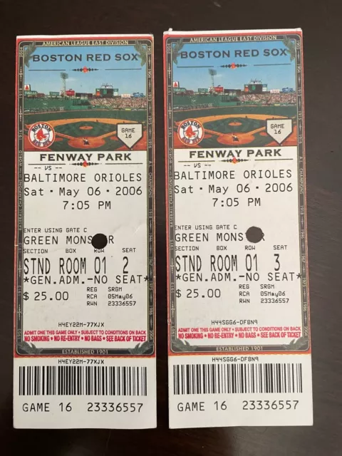 BOSTON RED SOX vs. BALTIMORE ORIOLES FENWAY PARK 2006 - GREEN MONSTER TCKT STUBS