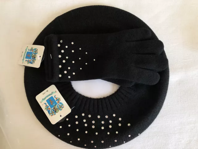 NWT PORTOLANO 100% Cashmere Black Beret and Gloves With Crystals set One Size