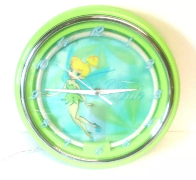 Disney Tinkerbell Fairy Charmed Green Neon Decorative Wall Clock 11"  Excellent.