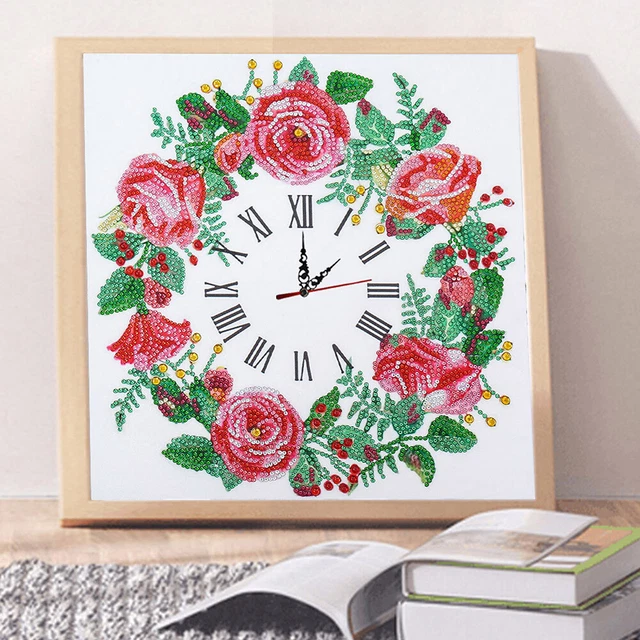 Aisen Wall Clock, Flowers, Diamond Painting, 5D, Cross Stitch, Diamond Embroidery, Kuns