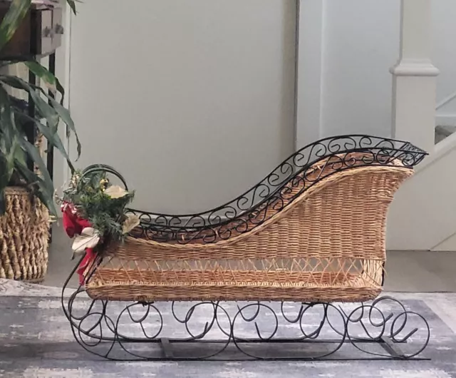 Large Country Wicker Rattan & Iron Christmas Sleigh Doll Carriage Display
