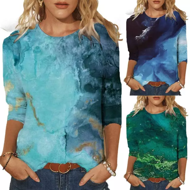 Women Printed 3/4 Sleeve T-Shirt Tunic Tops Ladies Casual Loose Blouse Plus Size
