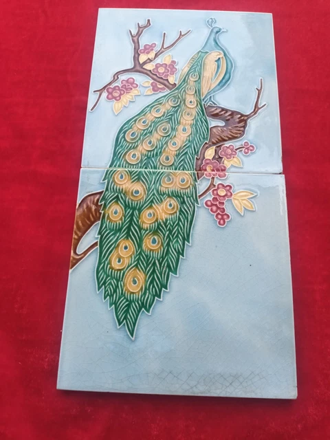 1 Piece Set  Peacock Design Old Art Deco Majolica Ceramic Tiles Japan 0317 8