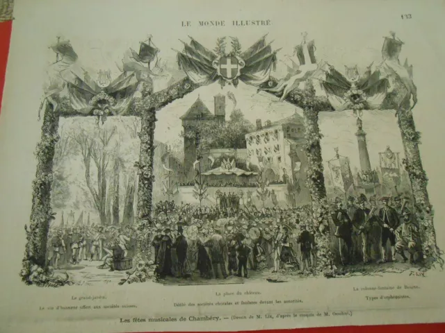 Gravure 1873 - Les fêtes musicales de Chambéry