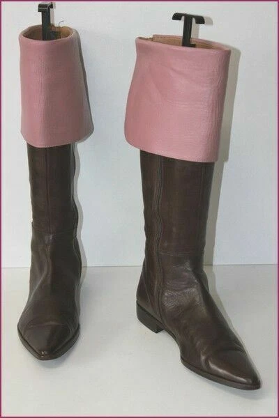 MANFIELD Bottes Genoux Pointues Tout Cuir Marron et Rose T 40 TBE
