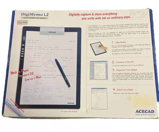 Acecad DigiMemo L2 Letter Size Digital Notepad /w Pen Manual Software Open box