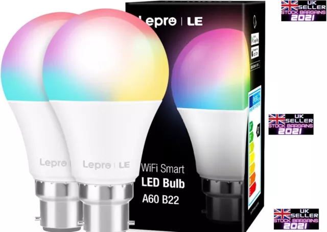Lepro WiFi Smart LED Glühbirne, A60 B22 Bajonett 9 W, 806lm, RGBCW, 2ER-Pack (B167)