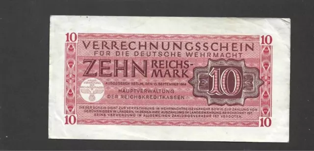 10 Reichsmark Ef-Vf Banknote From German Nazi Military 1944  Pick-M40