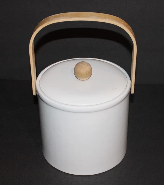 VTG MCM Georges Briard Padded White Vinyl Wood Handle Ice Bucket Modernist 7" T