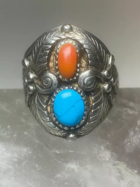 Turquoise ring size 13 Navajo coral southwest sterling silver women men
