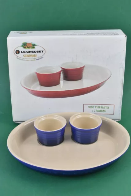 Le Creuset Stoneware Serve N Dip Platter W/ 2x Ramekins Blue Colour Boxed