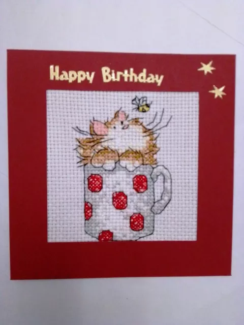Birthday Card Completed Cross Stitch Kitten in a Mug  6" sq