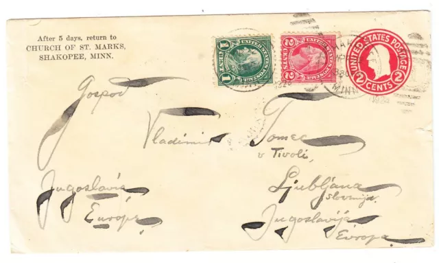 USA Shakopee Minnesota PS COVER TO Ljubljana Slovenia Yugoslavia 1924