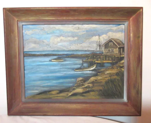 vintage original Folk Art M Johnson nautical coast shore house dock oil painting