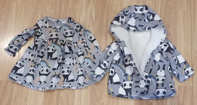 Beautiful Next Baby Girl Panda Dress & Fleeced Jacket. 3-6 Months. VGC