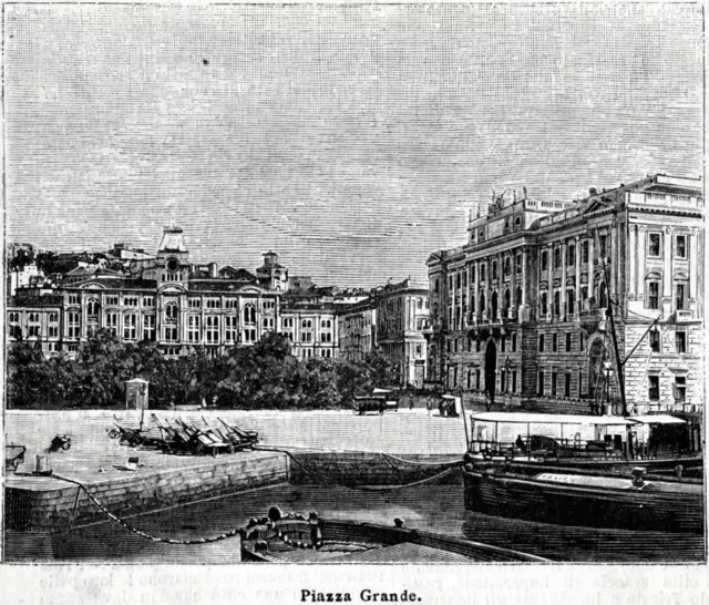 Trieste: Piazza Unità d'Italia. Stampa antica di 130 anni + passepartout. 1893