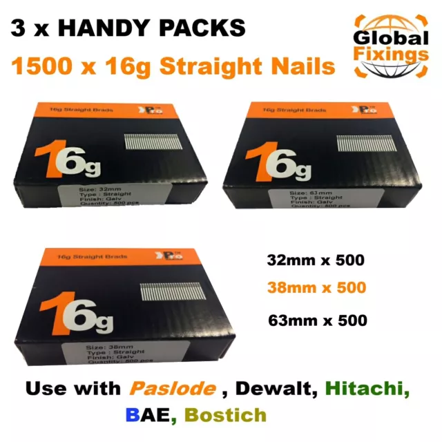 3 x Handy Packs 32mm + 38mm + 63mm-MIXED 1500 16g STRAIGHT Dewalt, Paslode Nails