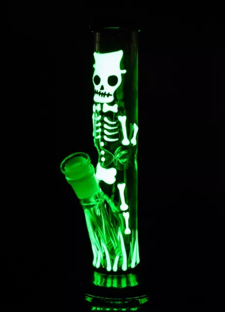 CUTE 9" Glow In The Dark Cylinder BONG Glass Water Pipe HOOKAH Skull PIPE *USA*