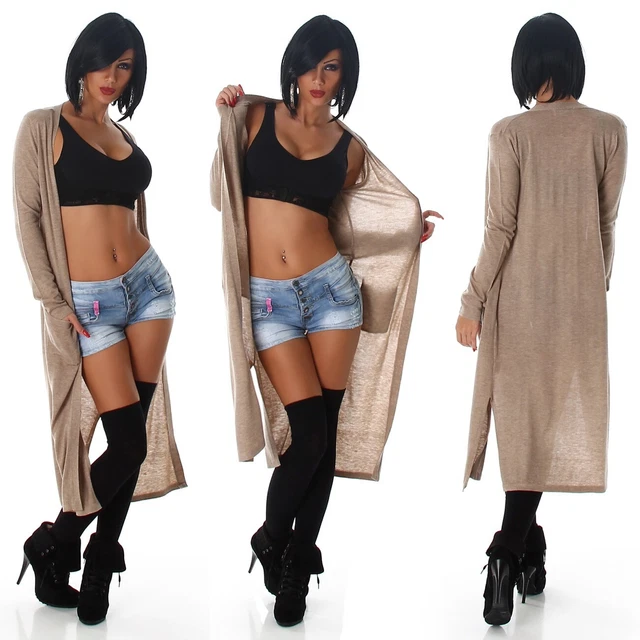 Maglione Donna Cardigan Lungo da Marrone Manica Aperto Senza Bottoni Elegante da