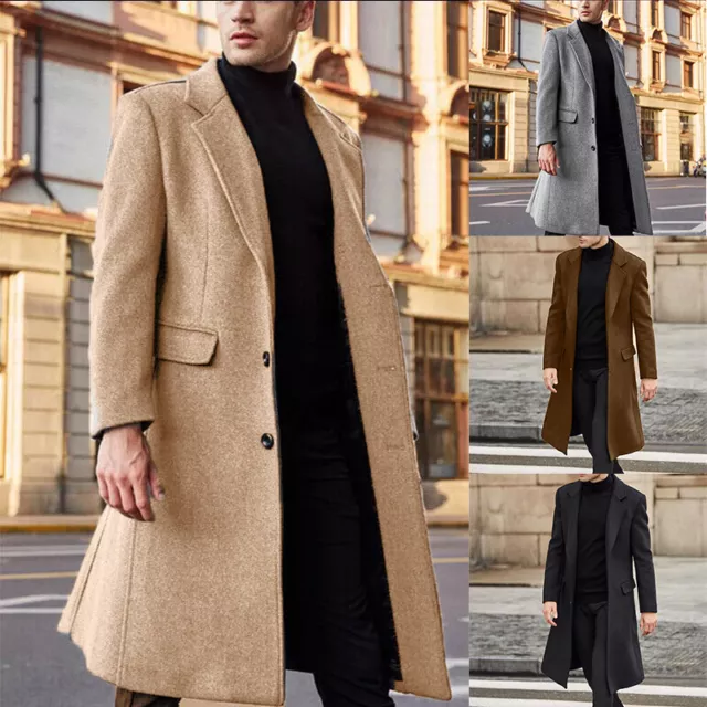 Mens Winter Trench Coat Long Jacket Lapel Neck Outwear Single Breasted Overcoat~