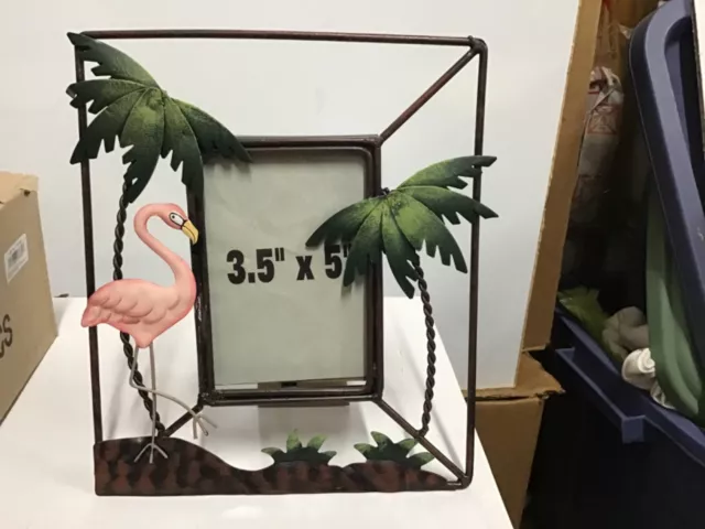 Pink flamingo metal picture frame tropical palm trees