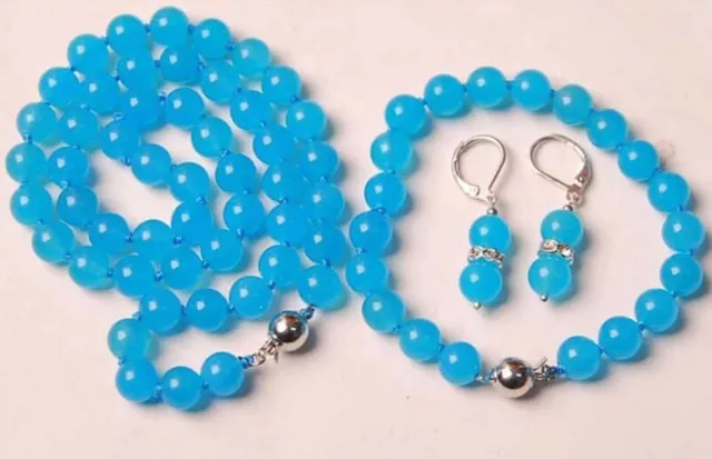 10MM Blue Topaz Round Beads Necklace Bracelet Earrings Set PN520
