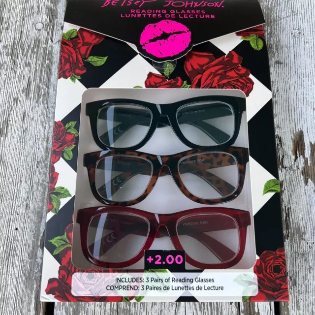 Paquete de 3 gafas para lectores BETSEY JOHNSON GRUESAS negras, tortuga, rojas❤️ +2.00