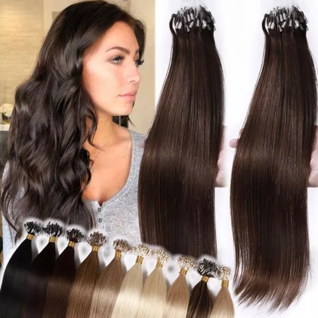 Echthaar Remy Micro Ring Beads Hair Extensions Haarverlängerung 45CM-60CM Glatt