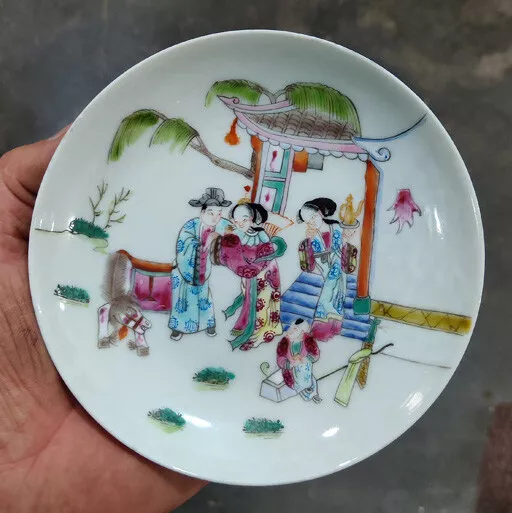 5.5" Collection Chinese Qing Famille Rose Porcelain Ancient Figure Stories Plate