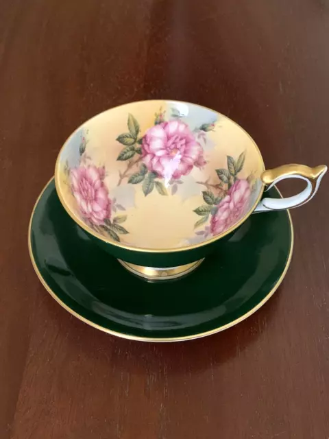 Vintage Aynsley England Footed Cup & Saucer Pink Roses Green w/ Gold Trim 2969