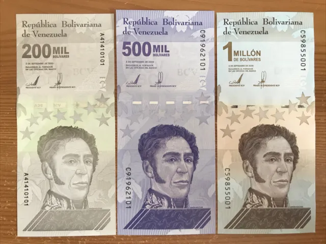 Venezuela 200 Mil, 500 Mil, 1 Million Bolivares Banknotes. 2020 Unc Set.