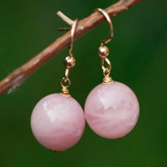 Elegant 13mm Natural Rose Quartz beads Tassel 14K gold Earrings