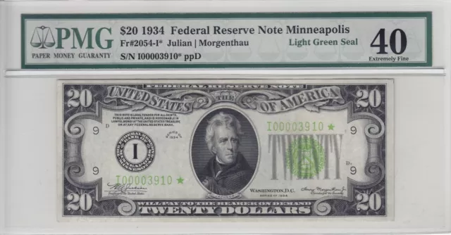 1934 $20 Federal Reserve STAR Note Minneapolis, MN FR#2054-I* PMG XF 40 LGS