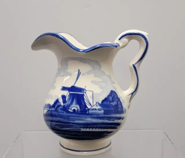 VTG DAIC Hand Painted DELFT BLUE Small Pitcher with Windmill/Flowers