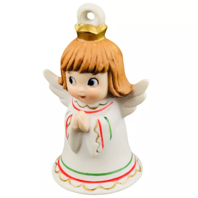 Lefton Angel Bell Christmas Ornament Vintage Porcelain Brown Hair Blue Eyes