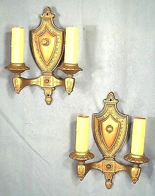 Pair Of Victorian Art Nouveau Art Deco Gold Metal Shield Back Double Arm Sconces