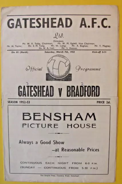 GATESHEAD v BRADFORD PARK AVENUE 1952-53 DIVISION 3 NORTH PROGRAMME