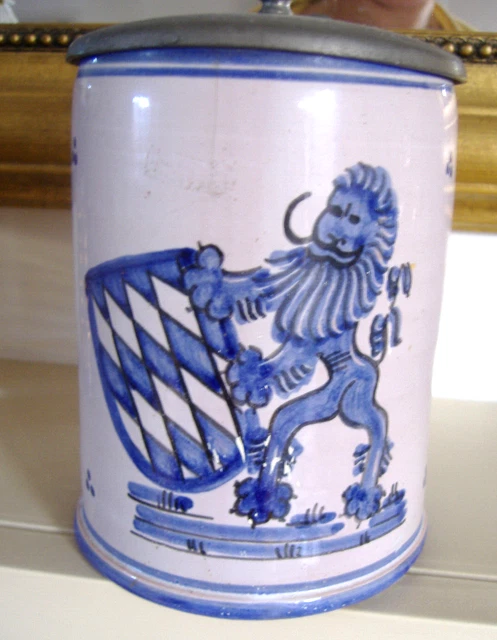 Antique Dutch Delft pottery tankard with pewter lid, Lion with Shield