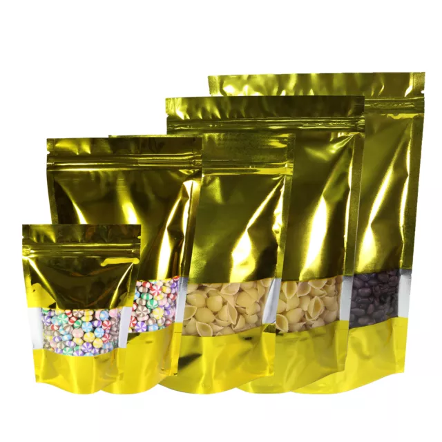 New Glossy Gold Stand Up Mylar Zip Seal Bags with Window Multiple QTY and Sizes