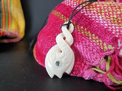 Old New Zealand Maori Double Twist Pendant on Cord with Inlaid Paua Shell L.) …
