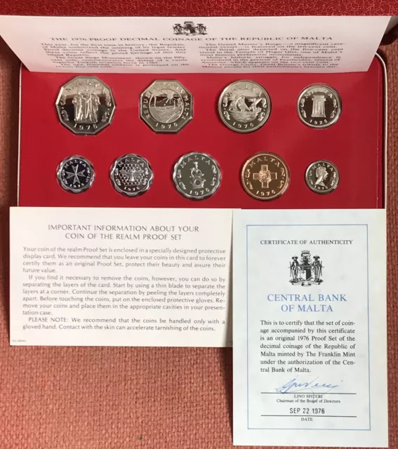 Malta 1976 Decimal Proof 9 Coin Collection Set by Franklin Mint ~ COA Info Cased