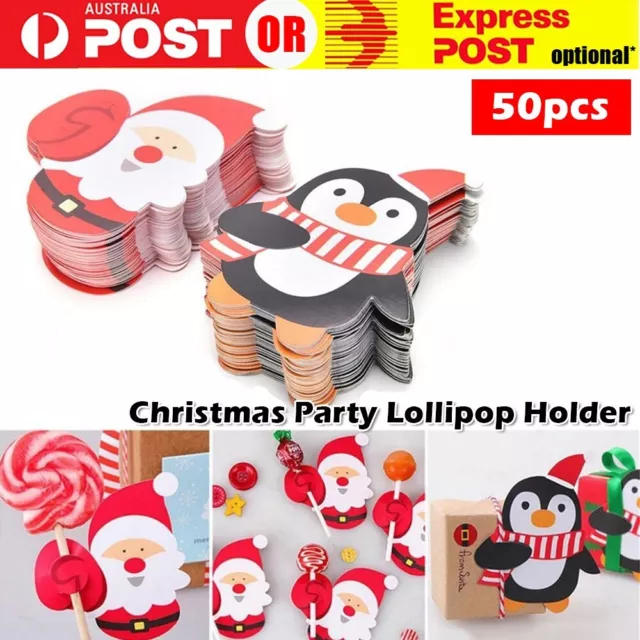 50PCS Christmas Party Lollipop Lolly Holder Sugar-loaf Paper Card Santa Xmas AU