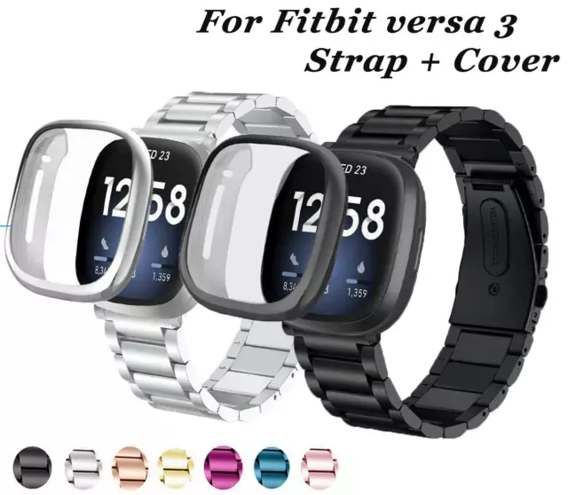 For Fitbit Versa 3 / Sense Stainless Steel Watch Band+Full Screen Case Cover