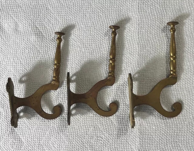 3 Vintage Brass Double Coat Hat Hooks 5.5”