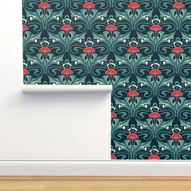 Peel-and-Stick Removable Wallpaper Victorian Floral Art Deco Filigree Emerald