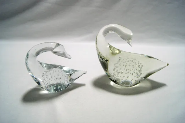 Lot of 2 Vintage Clear Art Crystal Glass Swan Figurine Paperweight Air Bubbles